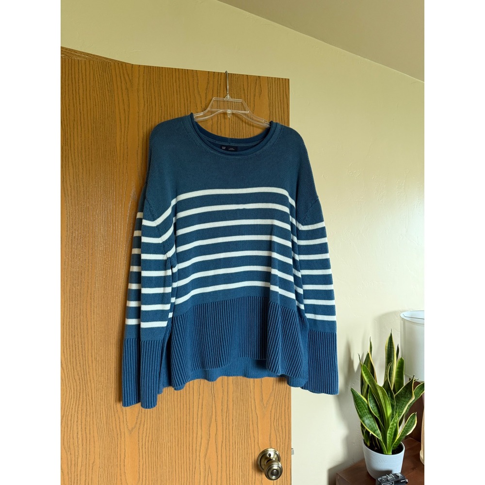 Gap Womens Blue White Striped Cotton Roll Neck Sweater Large Ribbed Slit Hem